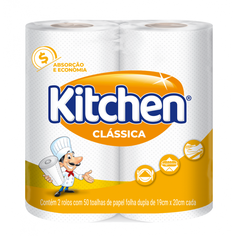 Papel Toalha Kitchen -  2 unidades de 50 toalhas folhas duplas de 19 cm x 20 cm